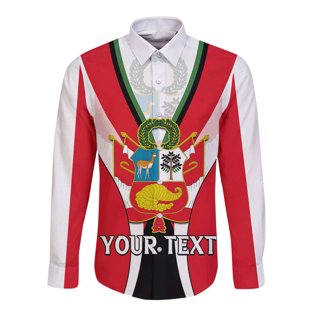 Red and white striped long sleeve button shirt with front graphic crest and custom text