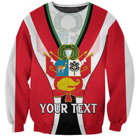 Unisex red sweatshirt with green-trim graphic panel and 'YOUR TEXT' front print