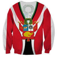 Unisex red sweatshirt with green-trim graphic crest and striped center panel on back
