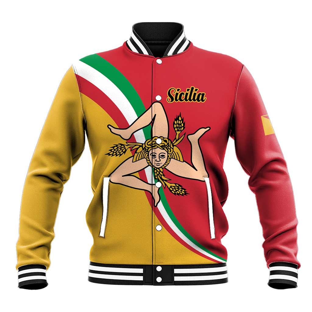 Red baseball jacket with yellow sleeves and green-white Sicily flag crest, snap front