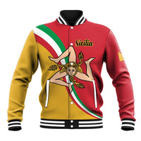 Red baseball jacket with yellow sleeves and green-white Sicily flag crest, snap front