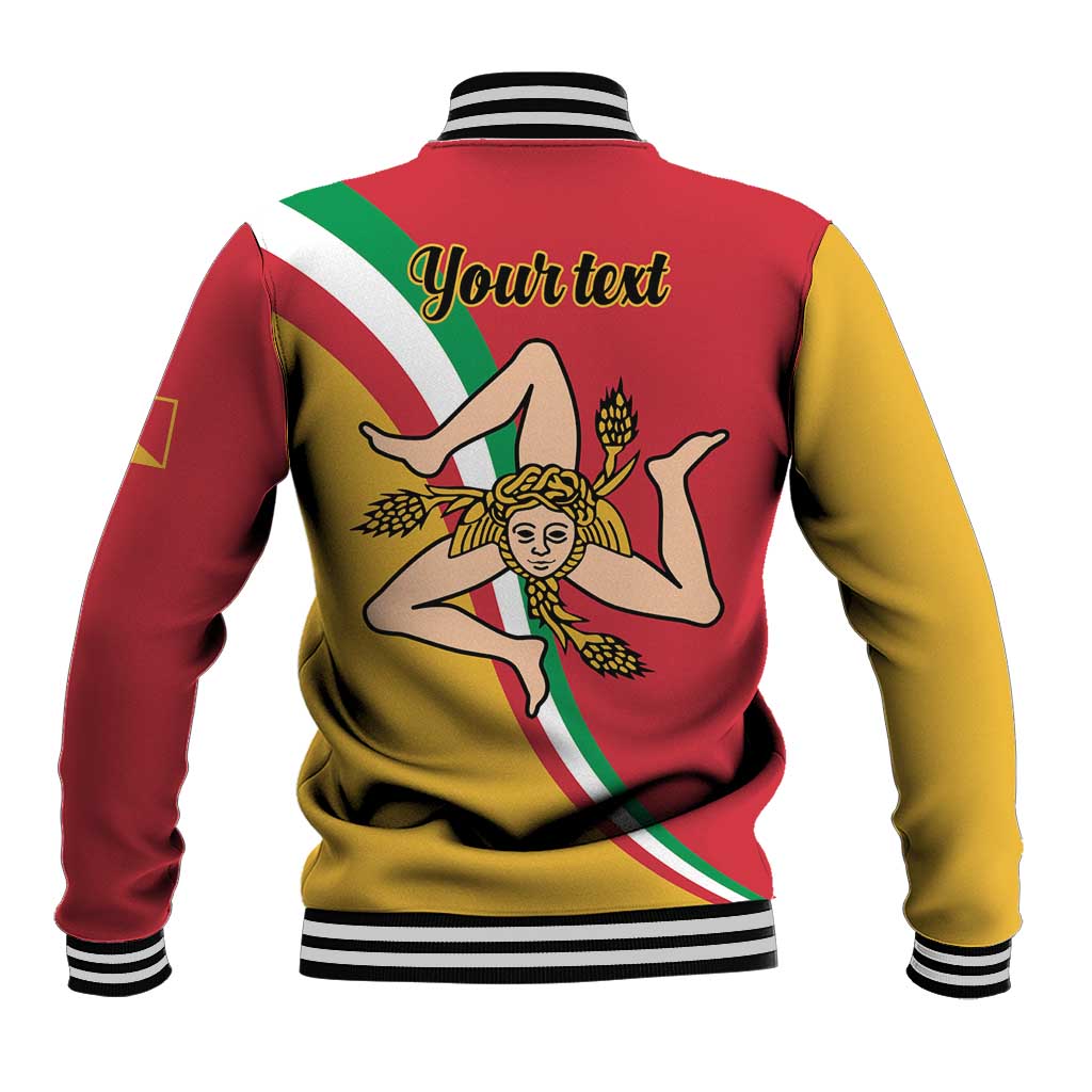 Red/yellow baseball jacket with green-white Sicily flag crest on back, striped collar