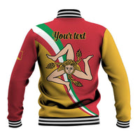 Red/yellow baseball jacket with green-white Sicily flag crest on back, striped collar