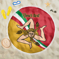 Sicily flag round beach blanket with white fringe, red green yellow artwork and custom text