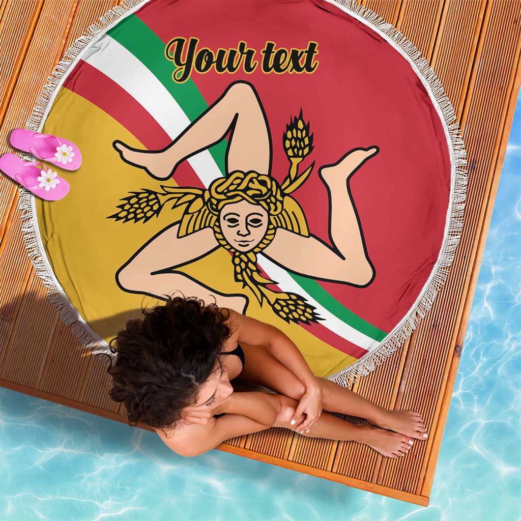 Round beach blanket with white fringe and Sicily flag artwork, red 'Your text' lettering