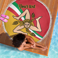 Round beach blanket with white fringe and Sicily flag artwork, red 'Your text' lettering