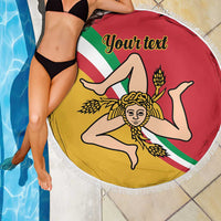 Round Sicily flag beach blanket with white fringe, central figure design and 'Your text'