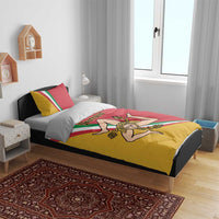 Personalized Sicily flag bedding set on bed with duvet featuring “Your text” and cherub