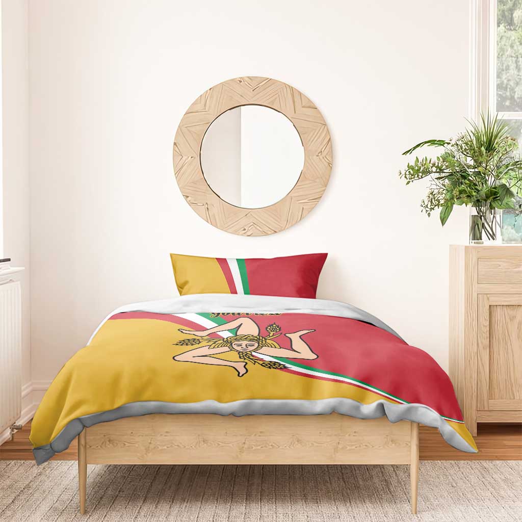 Personalized Sicily flag bedding set, yellow and red duvet with cherub and green stripes