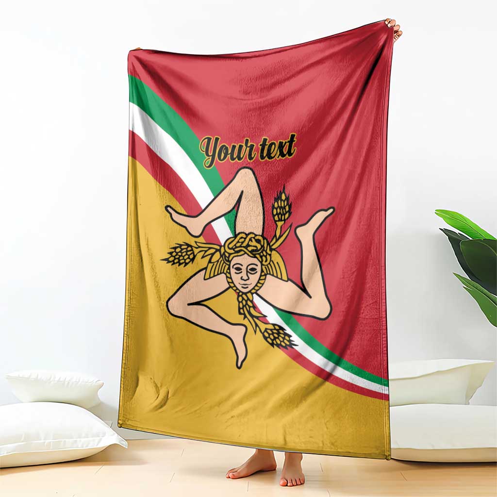 Personalized Sicilian flag blanket draped over floor, woman emblem with red and yellow stripes