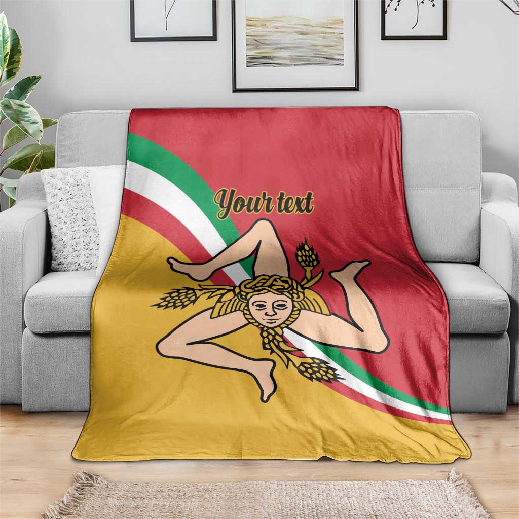 Personalized Sicilian flag blanket on sofa, red and yellow sides with green-white diagonal stripe