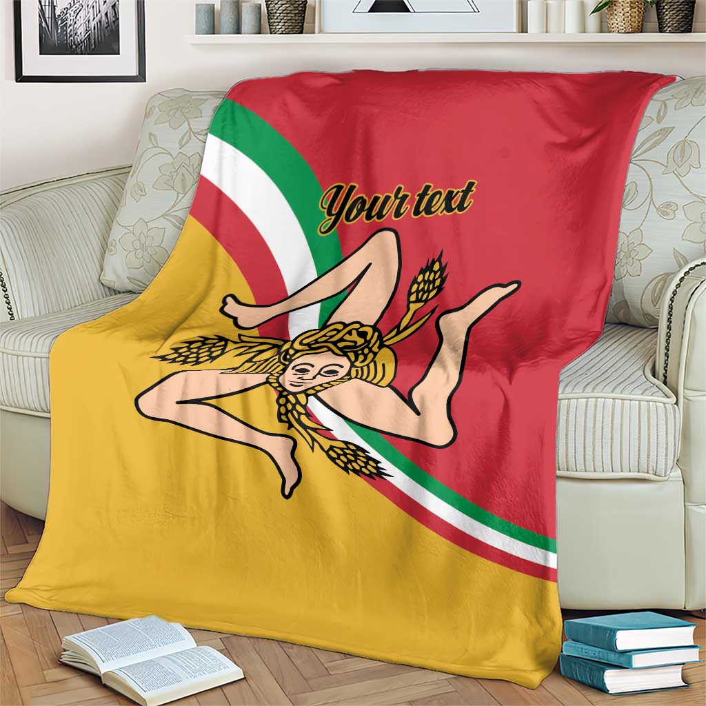 Personalized Sicilian flag blanket on bed with woman emblem and red-yellow-green flag design