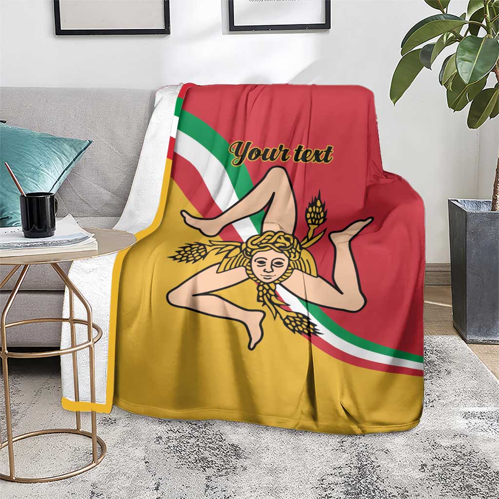 Personalized Sicilian flag blanket on armchair, woman emblem with Your text on the flag
