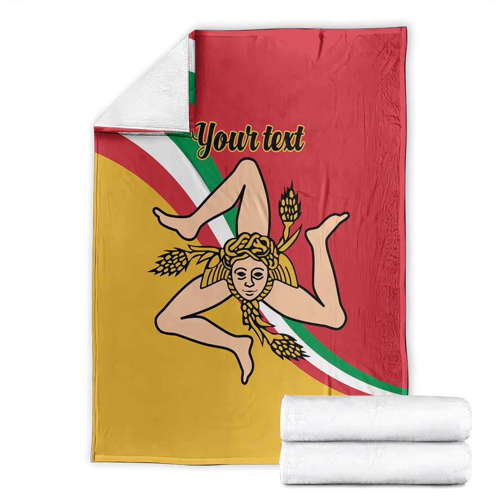 Personalized Sicilian flag blanket folded with Your text, woman emblem in red and yellow
