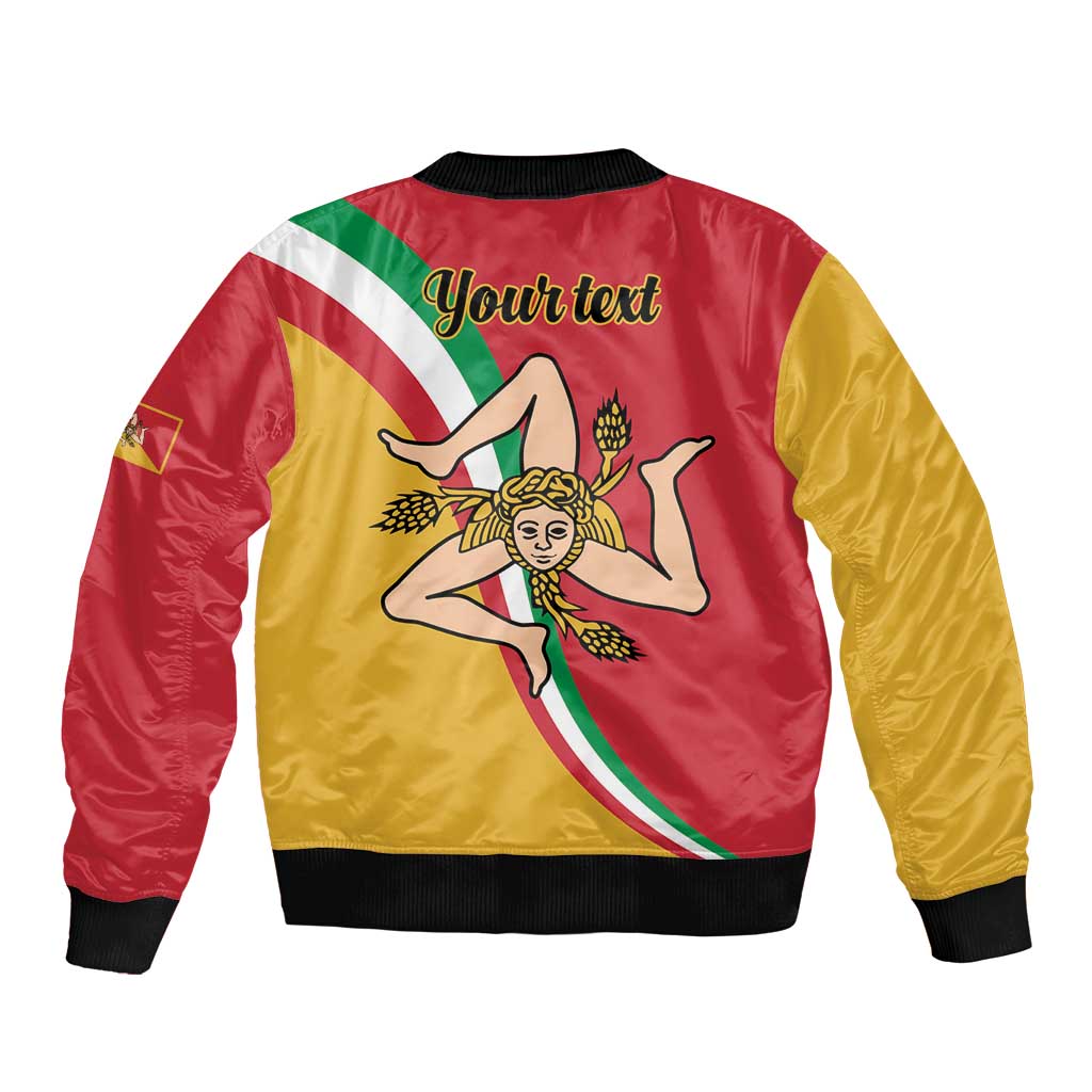 Sicilia bomber jacket with red and yellow back, 'Yourtext' print and Trinacria emblem