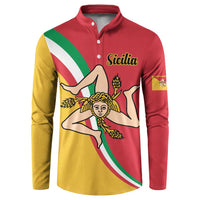 Red and yellow button sweatshirt with Sicilia crest, Medusa-style figure, tricolor print