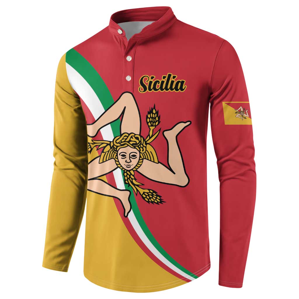 Red and yellow button sweatshirt with Sicilia graphic and tricolor diagonal flag design