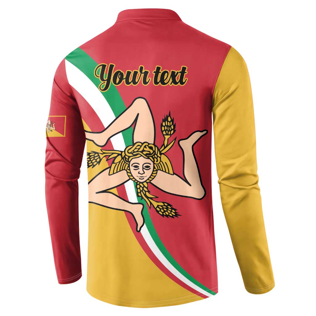 Red and yellow button sweatshirt back with Your text, tricolor Medusa graphic