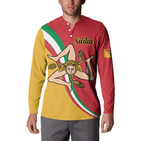 Red and yellow button sweatshirt with Sicilia logo and tricolor diagonal flag print