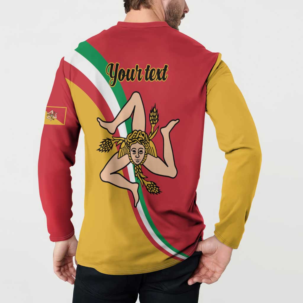 Red and yellow button sweatshirt back with Your text and tricolor Sicilia graphic