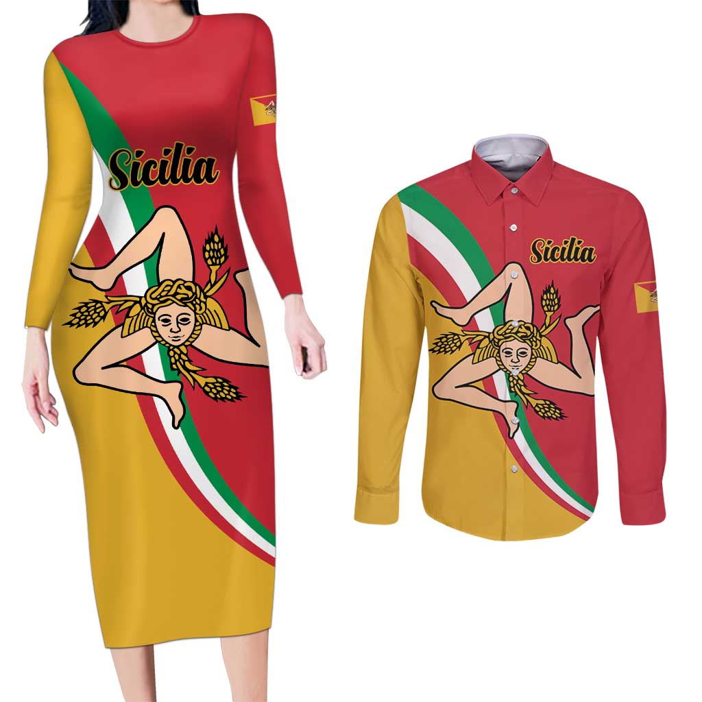 Personalized Italy Bandiera Della Sicilia Couples Matching Long Sleeve Bodycon Dress and Long Sleeve Button Shirt LT9 - Wonder Print Shop