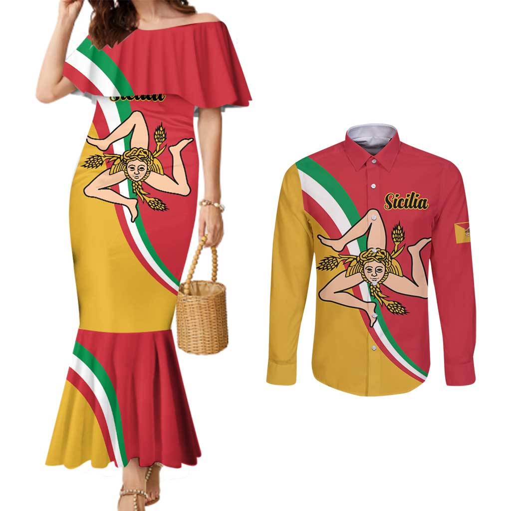 Personalized Italy Bandiera Della Sicilia Couples Matching Mermaid Dress and Long Sleeve Button Shirt