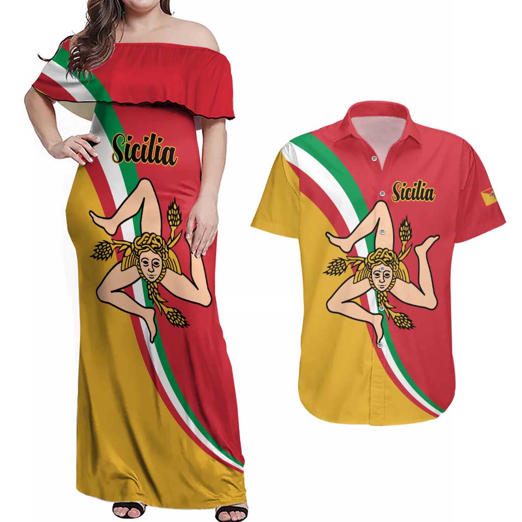 Personalized Italy Bandiera Della Sicilia Couples Matching Off Shoulder Maxi Dress and Hawaiian Shirt LT9 - Wonder Print Shop