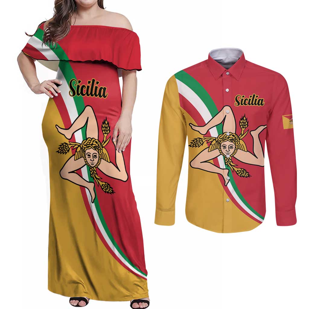 Personalized Italy Bandiera Della Sicilia Couples Matching Off Shoulder Maxi Dress and Long Sleeve Button Shirt LT9 - Wonder Print Shop