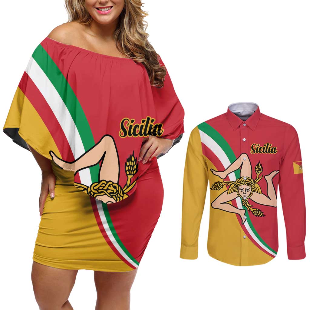 Personalized Italy Bandiera Della Sicilia Couples Matching Off Shoulder Short Dress and Long Sleeve Button Shirt LT9 - Wonder Print Shop