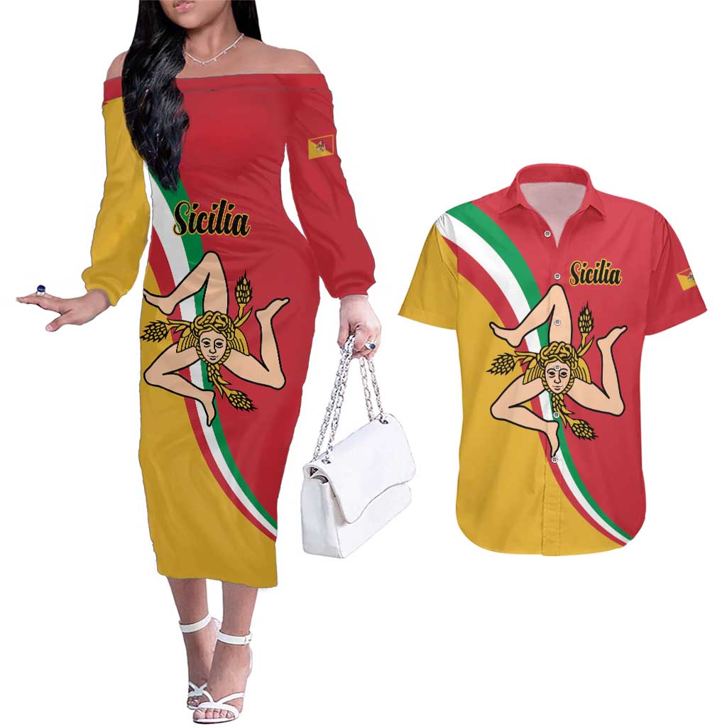 Personalized Italy Bandiera Della Sicilia Couples Matching Off The Shoulder Long Sleeve Dress and Hawaiian Shirt LT9 - Wonder Print Shop