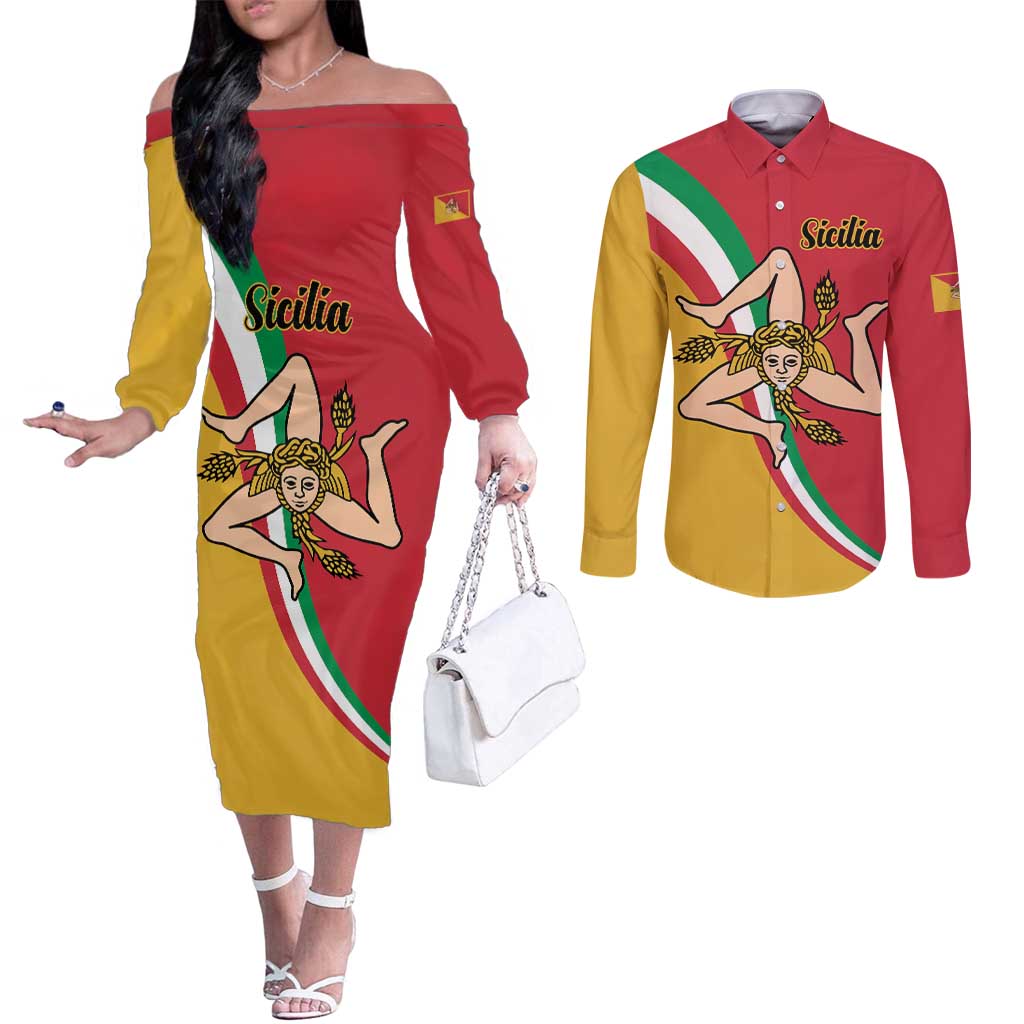 Personalized Italy Bandiera Della Sicilia Couples Matching Off The Shoulder Long Sleeve Dress and Long Sleeve Button Shirt