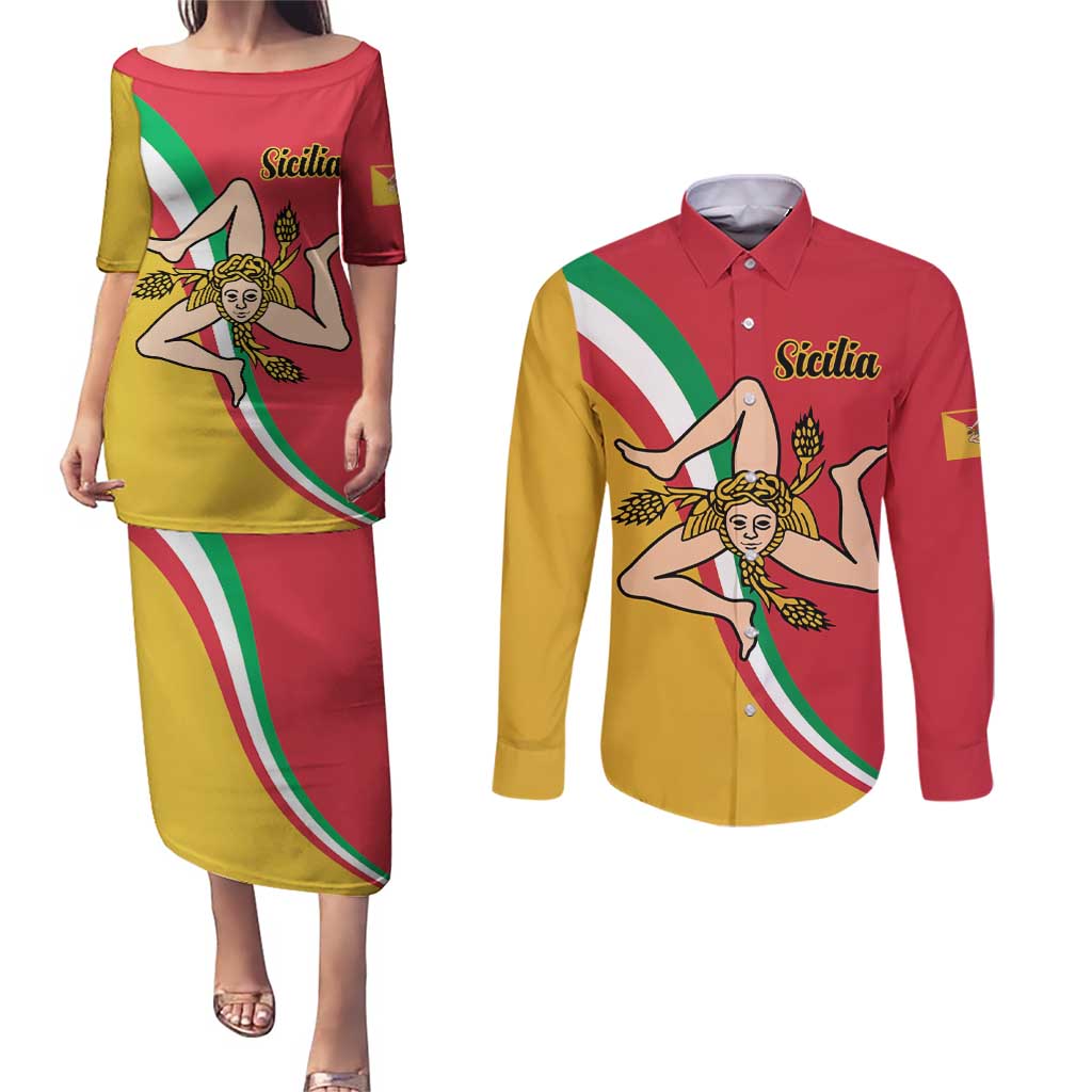 Personalized Italy Bandiera Della Sicilia Couples Matching Puletasi and Long Sleeve Button Shirt LT9 - Wonder Print Shop