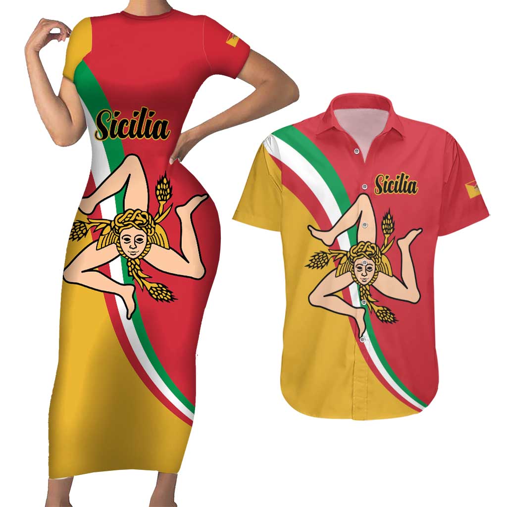 Personalized Italy Bandiera Della Sicilia Couples Matching Short Sleeve Bodycon Dress and Hawaiian Shirt LT9 - Wonder Print Shop