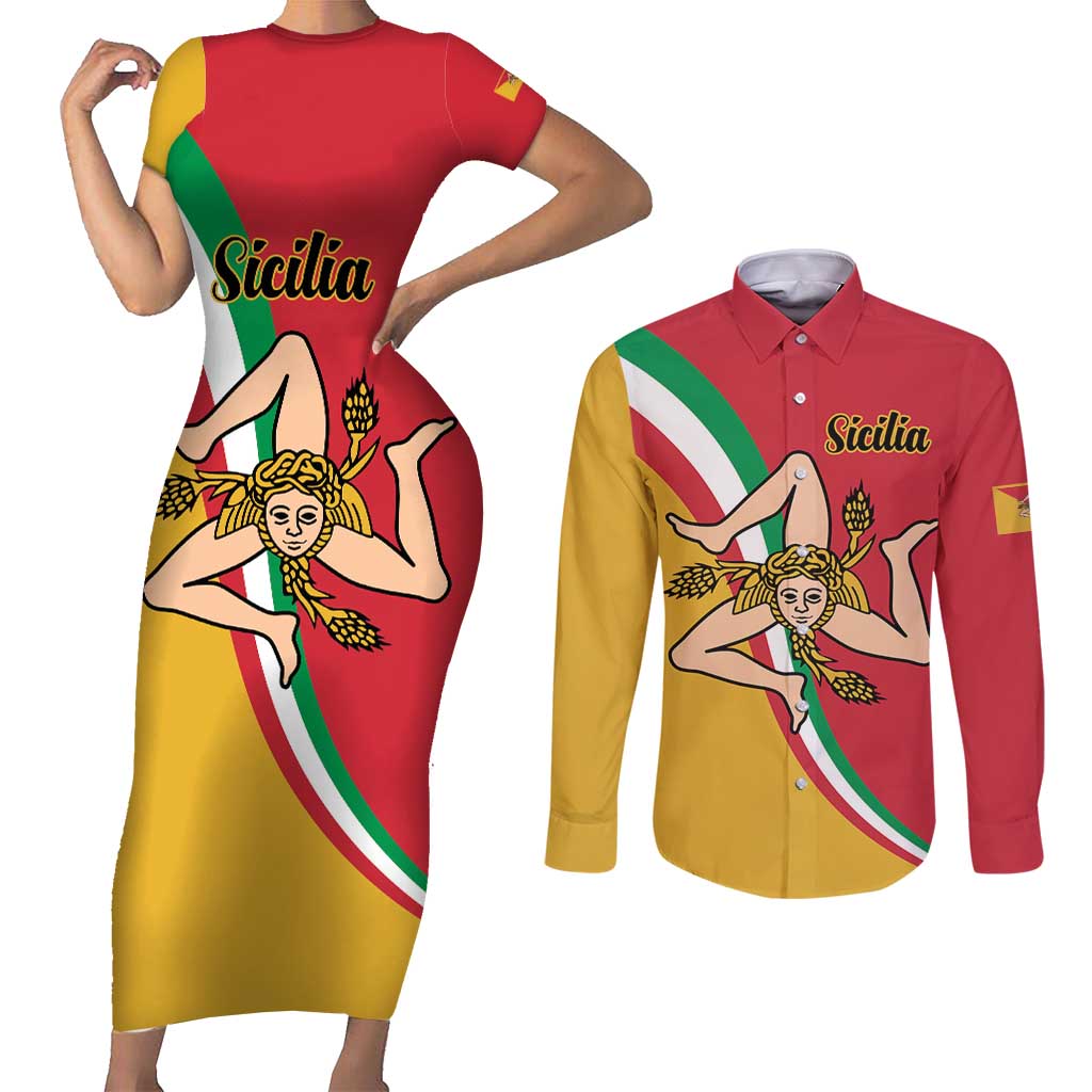 Personalized Italy Bandiera Della Sicilia Couples Matching Short Sleeve Bodycon Dress and Long Sleeve Button Shirt LT9 - Wonder Print Shop