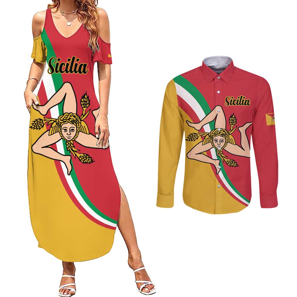 Personalized Italy Bandiera Della Sicilia Couples Matching Summer Maxi Dress and Long Sleeve Button Shirt LT9 - Wonder Print Shop