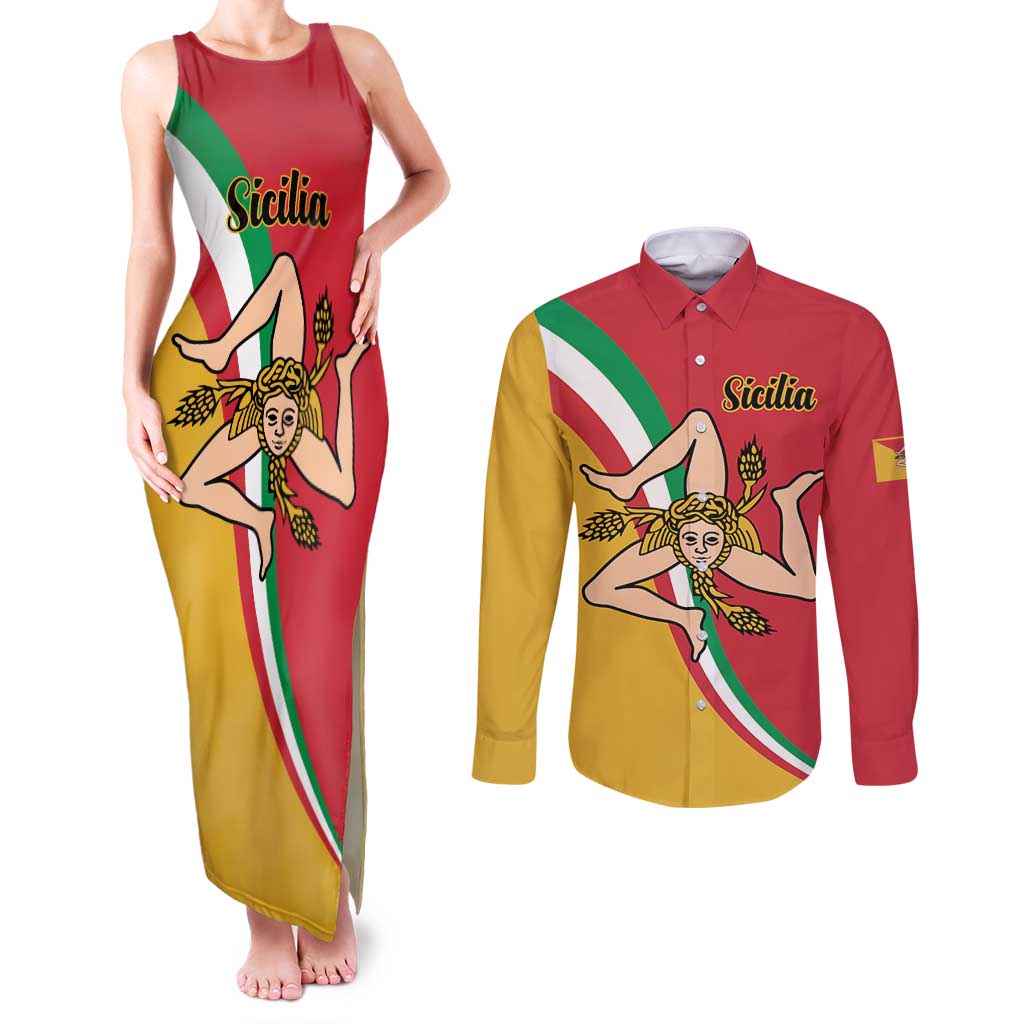 Personalized Italy Bandiera Della Sicilia Couples Matching Tank Maxi Dress and Long Sleeve Button Shirt LT9 - Wonder Print Shop