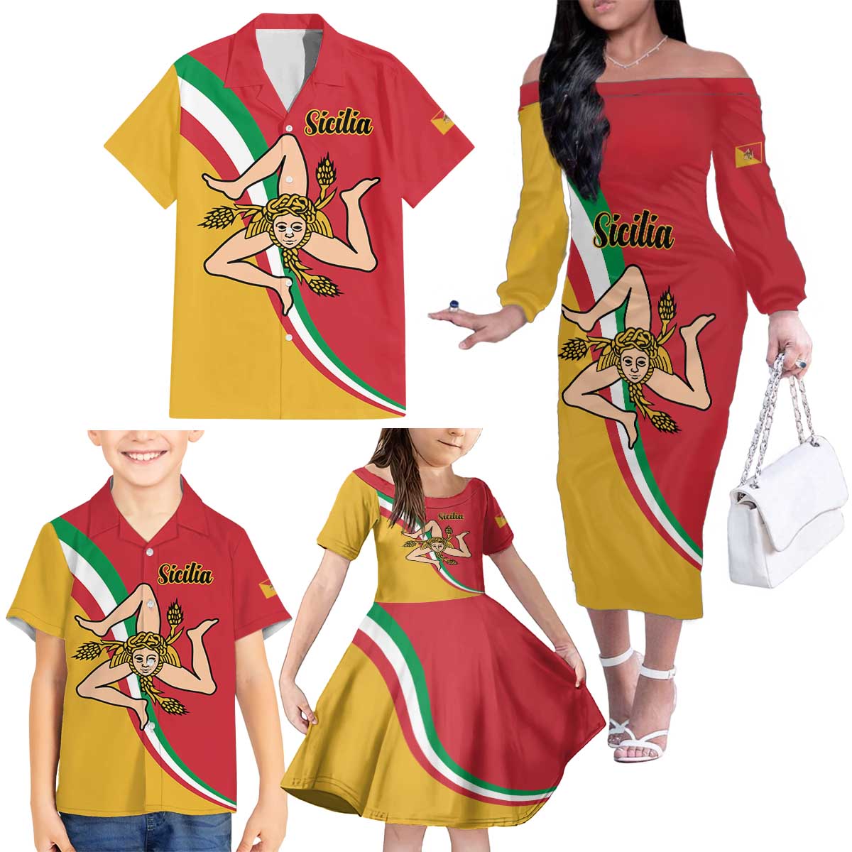 Personalized Italy Bandiera Della Sicilia Family Matching Off The Shoulder Long Sleeve Dress and Hawaiian Shirt - Wonder Print Shop