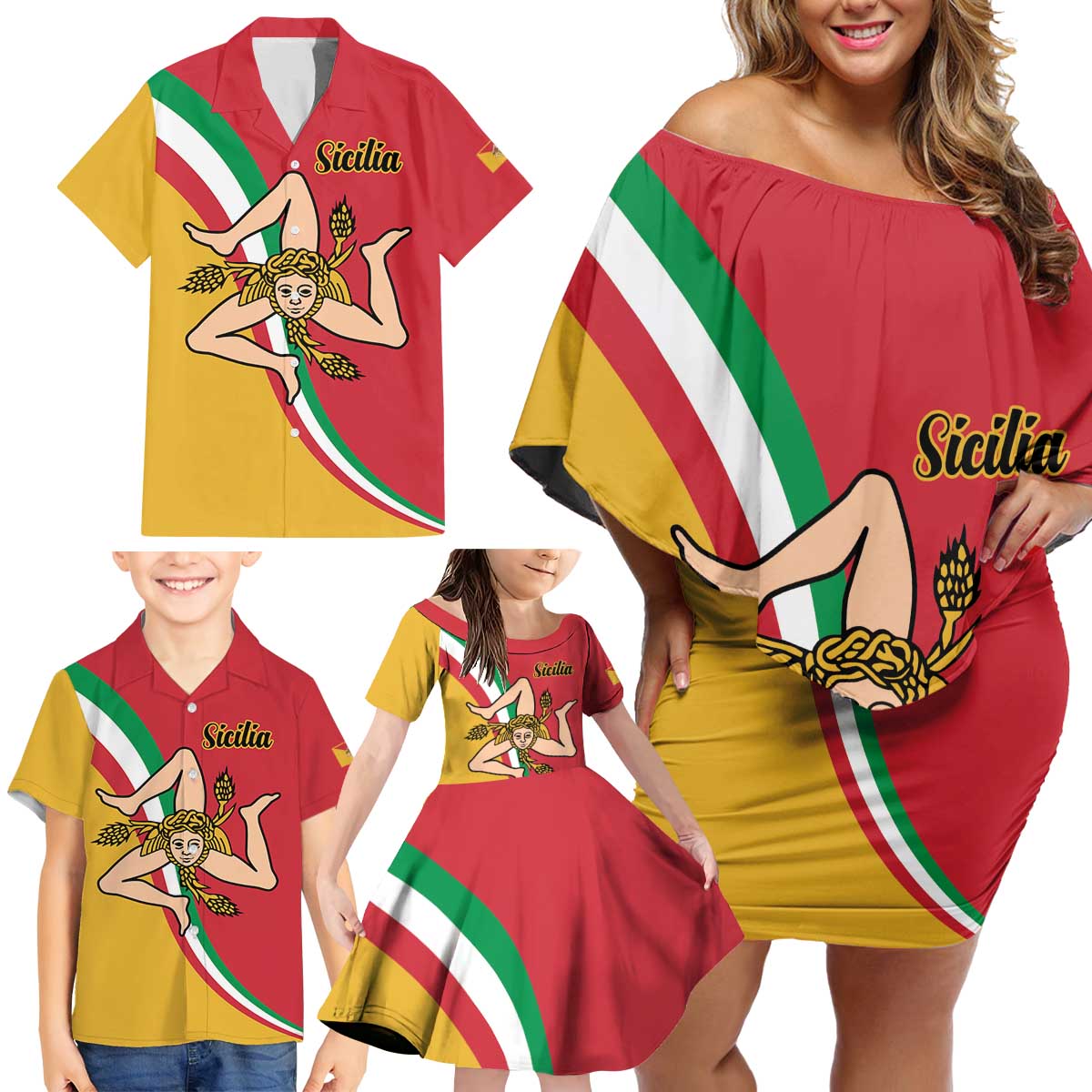 Personalized Italy Bandiera Della Sicilia Family Matching Off Shoulder Short Dress and Hawaiian Shirt LT9 - Wonder Print Shop