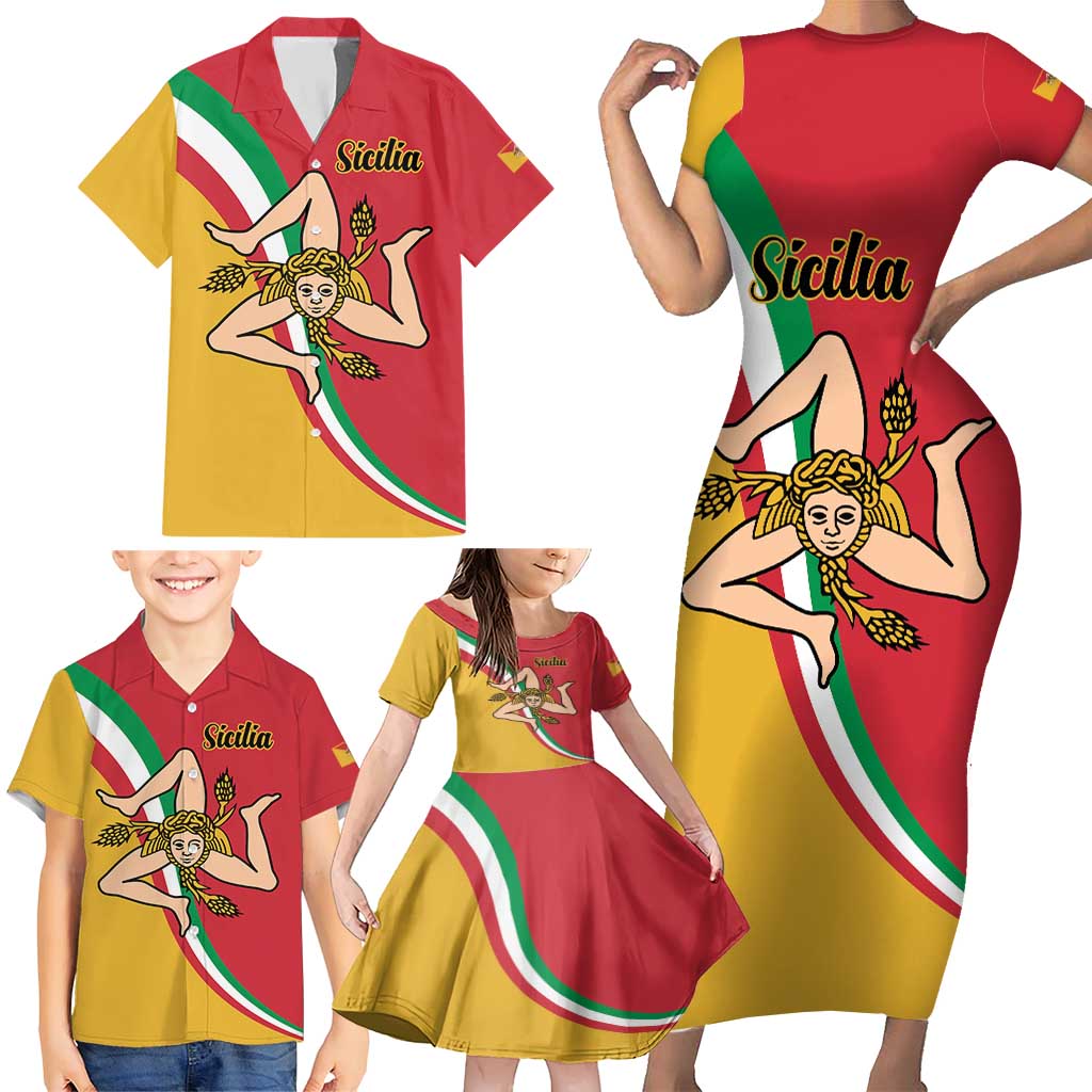 Personalized Italy Bandiera Della Sicilia Family Matching Short Sleeve Bodycon Dress and Hawaiian Shirt - Wonder Print Shop