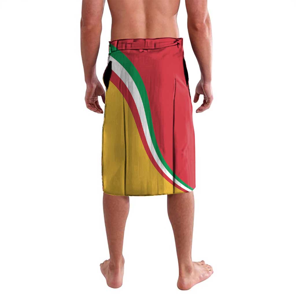 Personalized flag-pattern lavalava shorts, red yellow green with curved emblem border