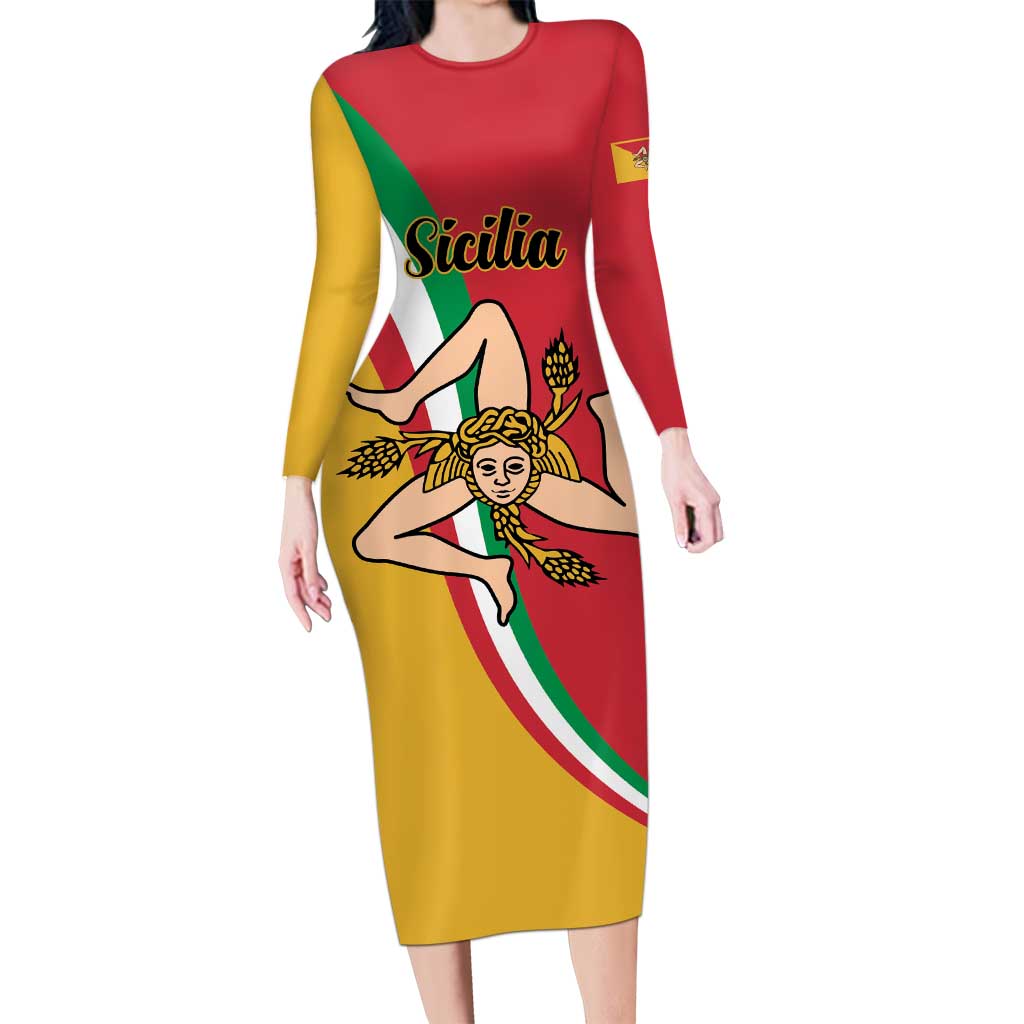 Personalized Italy Bandiera Della Sicilia Long Sleeve Bodycon Dress - Wonder Print Shop