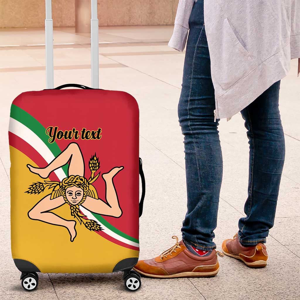Personalized red Sicily flag luggage cover with yellow panel, tricolor stripe, and wheels