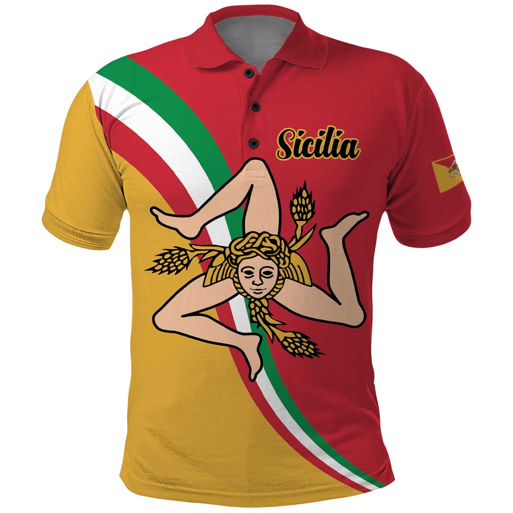 Red polo shirt with green-white-red flag sleeves and front Sicily crest graphic