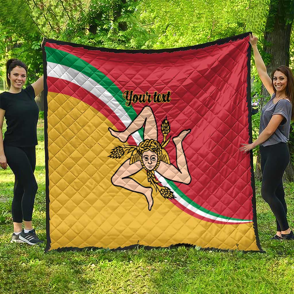 Personalized Sicily flag quilt, quilted red yellow green with emblem and curved border design