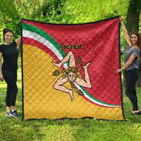Personalized Sicily flag quilt, quilted red yellow green with emblem and curved border design