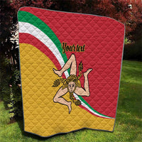 Personalized Sicily flag quilt showing red, yellow, green fields and central Sicilian emblem
