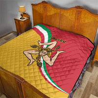 Personalized Sicily flag quilt on bedspread, quilted red yellow green emblem center