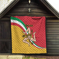 Personalized Sicily flag quilt displayed indoors, quilted red yellow green with central emblem