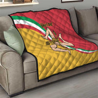 Personalized Sicily flag quilt draped on sofa, quilted red yellow green emblem