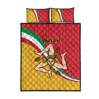 Personalized Sicily flag quilt bed set shown with two matching pillows, red quilt and yellow border